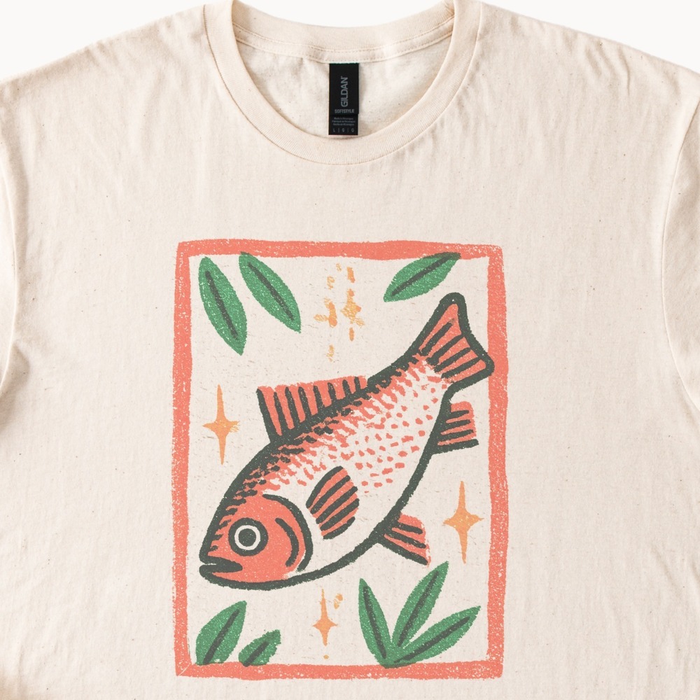 Bold Folk Fish Swimming Through Leaf Sparkles Tee